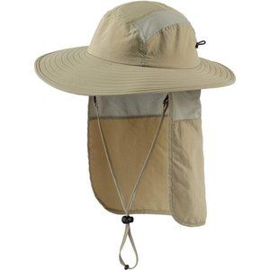 Mens UPF 50+ Sun Protection Cap Wide Brim Fishing Hat with Neck Flap Khaki